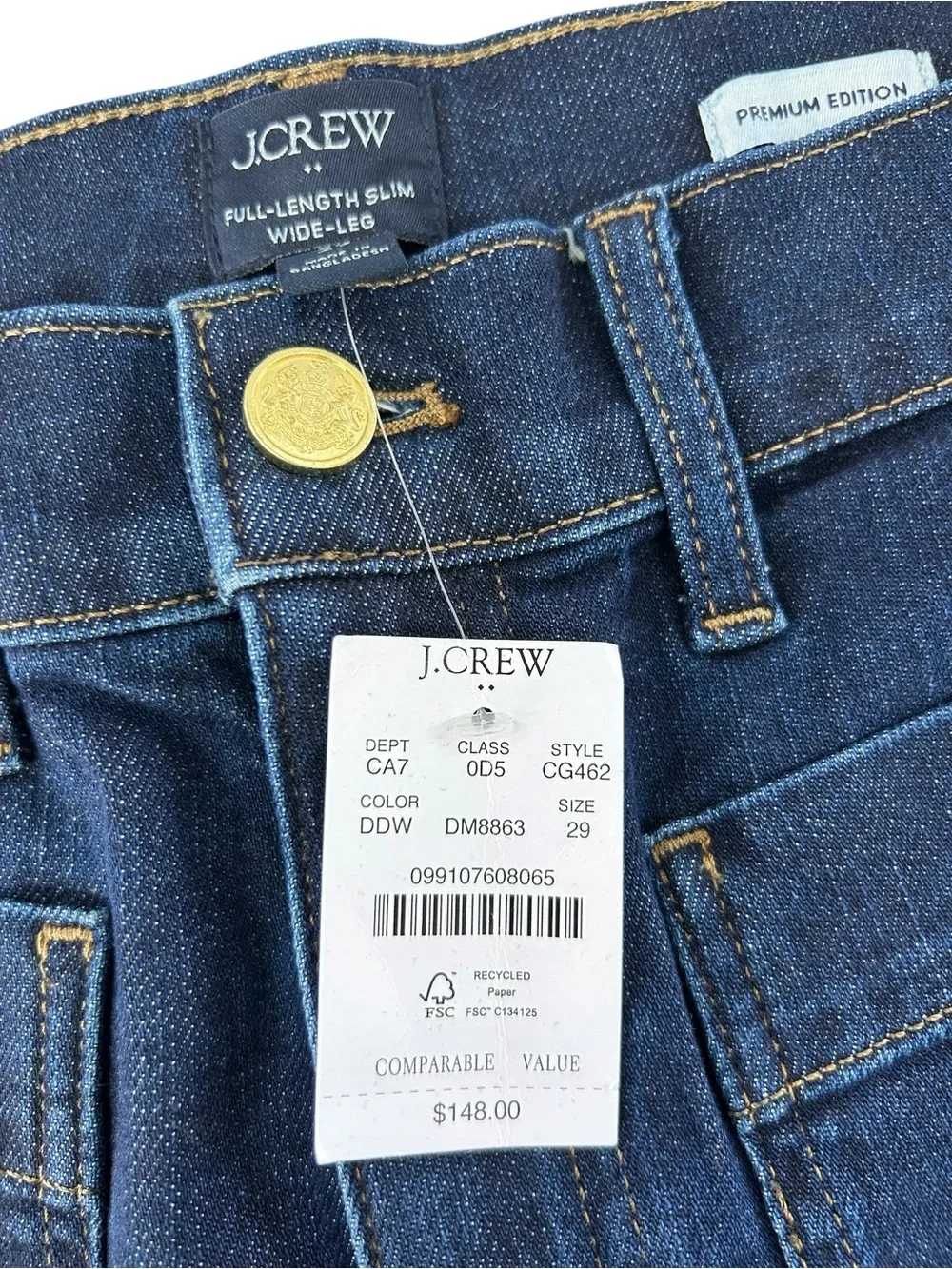 J. CREW Premium Edition Full Length Slim Wide Leg Dark Wash Blue NEW Jeans 29
